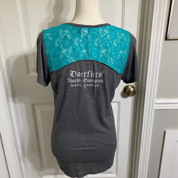 L Harley Davidson T-Shirt w/Lace Inset Yoke - Picture 4 of 7